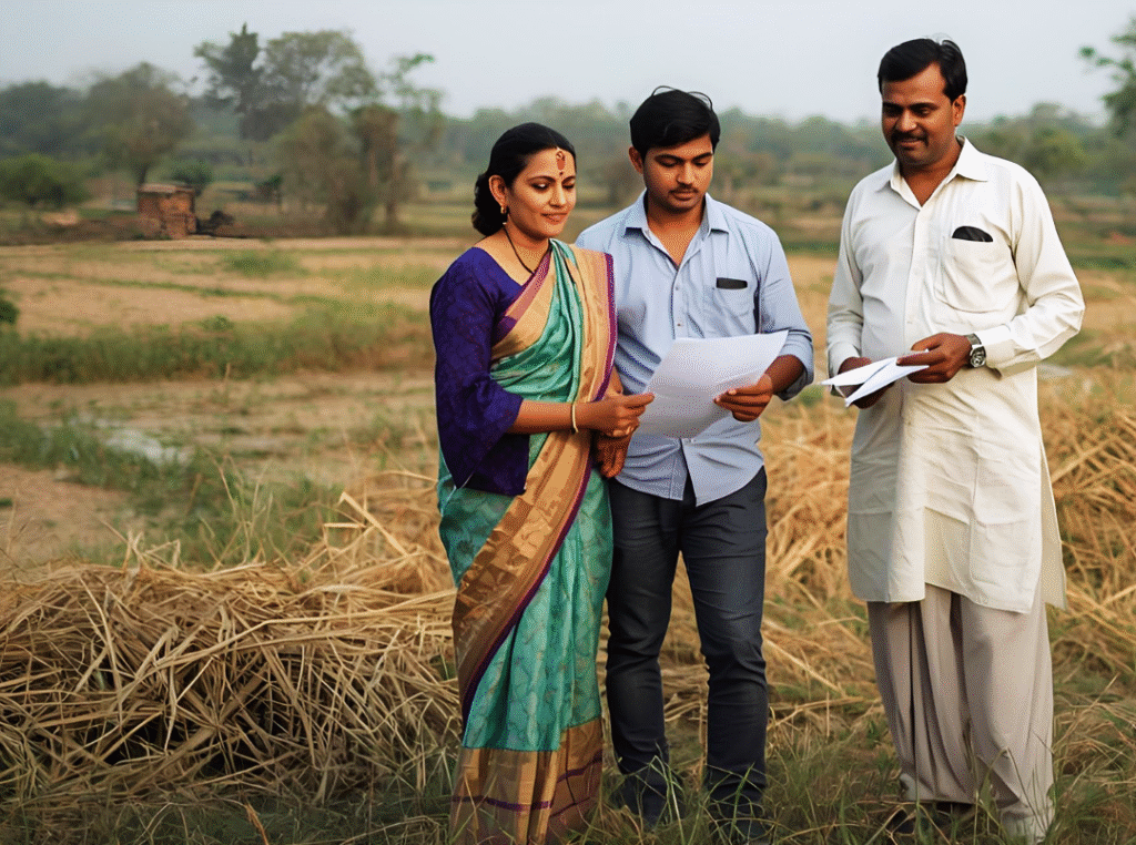 Aerial view of cheap rate real estate plot in Balaghat near Bharweli Road & Devtola, lush green farmland under clear sky, verified agricultural land for sale on Nestora.in, HD 1920x1080